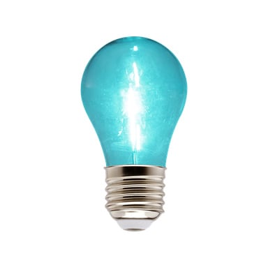 En Anslut-festbelysning med LED-lampa med silverskruvbas och ett livfullt turkosblått glas, som avger ett starkt sken.