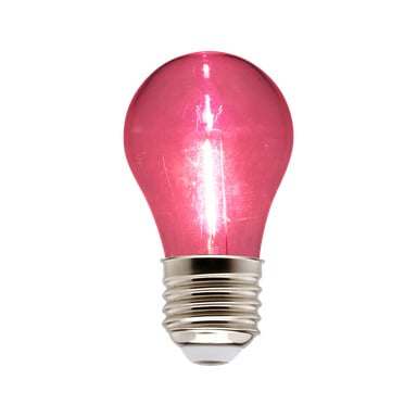 En upplyst LED-lampa med Anslut partylampor har rosa glas och en metallskruvsockel.