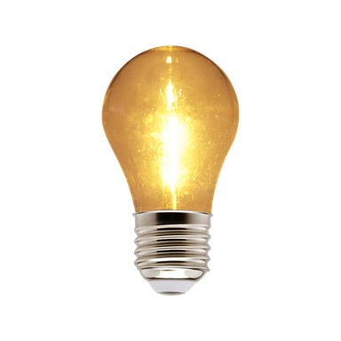En glödande gul LED-lampa med Anslut partylampor visas, med en metallbas i botten och en synligt upplyst glödtråd inuti glaset.