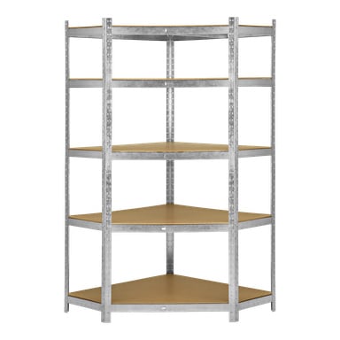 Viisitasoinen Hard Head Corner Shelf -hylly, jossa on puiset hyllyt, mahtuu siististi nurkkaan tehokkaan säilytyksen vuoksi. Hyllyjen korkeutta voidaan säätää, ja rakenne on koottu vahvalla metallirungolla, jossa on rei'itetyt tukit.