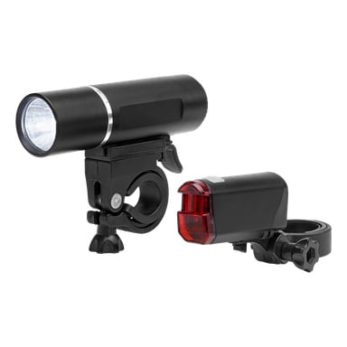 Kayoba Bike Lights LED-uppsättning fram/bak inkluderar en svart vit LED-strålkastare fram och rött bakljus, båda på justerbara fästen för styr och sadelstolpe.