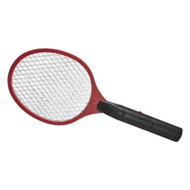 Ett Hard Head Insect-racket designat som en handhållen elektrisk flugsmälla med svart handtag, röd ram och metallgaller för att eliminera insekter.