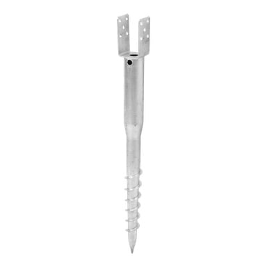 Eine Metall-Bodenschraube mit einer Spiralspitze zum Durchdringen von Erde und einer U-förmigen Halterung oben mit Löchern zum Befestigen und Sichern verschiedener Strukturen.