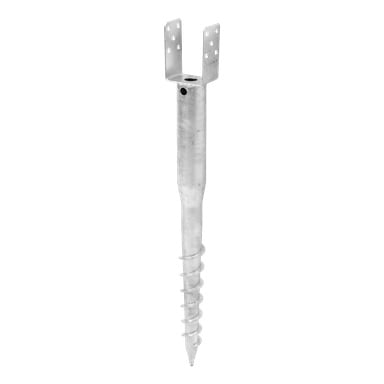 Ett Hard Head Earth Anchor med en spiralformad, spetsig metallbas designad för att säkert fästa sig i jorden, toppad med ett U-format fäste för att fästa stolpar eller balkar.