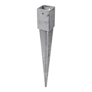 Der Hard Head Earth Anker ist ein Metallspike, der dazu dient, Pfosten im Boden zu sichern, mit einer quadratischen Steckdose oben mit zwei Löchern auf jeder Seite und einem konischen, spitzen Ende für einfaches Einsetzen.