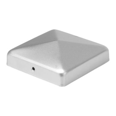 Et sølvfarget Hard Head Post-hode med firkantet metallform, avrundede hjørner og et lite hull på den ene siden.