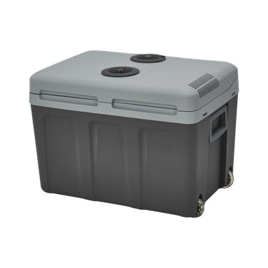 Kayoba Cooler-låda med hjul, designad med grått lock och svart kropp, inkluderar ventilationsfläktar på toppen, sidohandtag för bärning och två hjul för att möjliggöra smidig rörelse.
