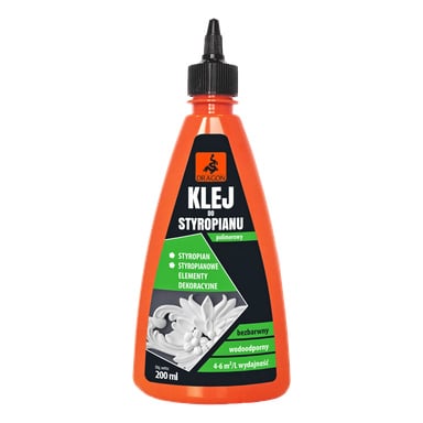 Pomarańczowa butelka 200 ml plastikowego kleju Dragon Cell z czarną dyszą i kapslem. Etykieta z przodu podkreśla zastosowania produktu, kluczowe cechy, informacje o wydajności oraz zawiera ilustrację dekoracyjnych elementów styropianowych.