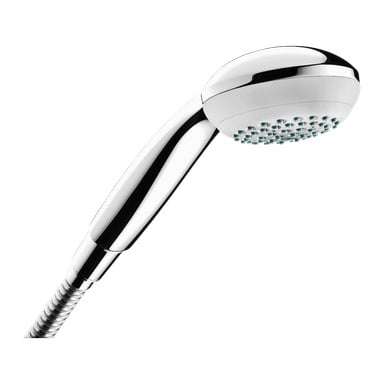 Hansgrohe Crometta handhållen duschmunstycke med kromhandtag, ett vitt sprayansikte med turkosa munstycken och en flexibel metallslang.