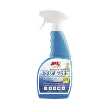 En blå och vit sprayflaska med Abnet Detergent Proflash-etiketten, märkt med en kapacitet på 750 ml. Framsidan av flaskan framhäver dess lämplighet för olika rengöringsuppgifter och fläckborttagning, tillsammans med illustrerade användningsinstruktioner och ikoner.