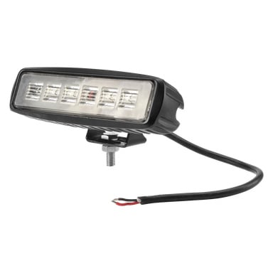 Et Hamron arbeidslys eller reverslys med et rektangulært svart hus, seks synlige LED-pærer, en monteringsbolt nederst, og en svart kabel som ender i røde og svarte eksponerte ledninger.