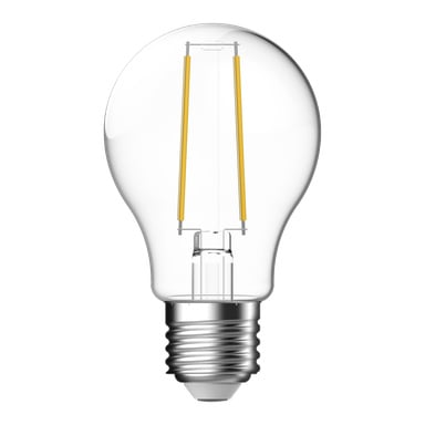 Anslut Normal LED-pære med skumringssensor har to gule filamenter, en klassisk avrundet glassform og en standard metallskruebase.
