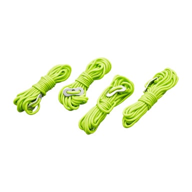 Fyra ljusgröna buntar av Kayoba Tent Line 4 Pack, var och en säkrad med ett silverfäste, är placerade sida vid sida.