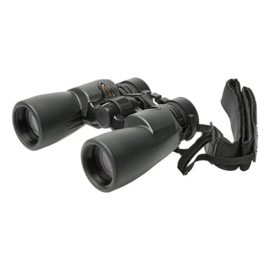 Ein Paar schwarze Kayoba Outdoor-Fernglas mit gepolstertem Handriemen ist zu sehen, das die Fokus- und Einstellregler zwischen den Okularen zeigt.