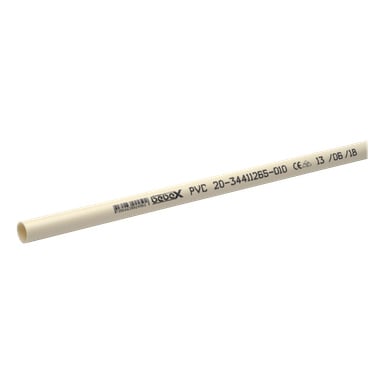 Ett beige PM Flex Vinyl-rör sedd i vinkel, med svarttryckta produktdetaljer, återvinningssymboler och en streckkod längs sidan.
