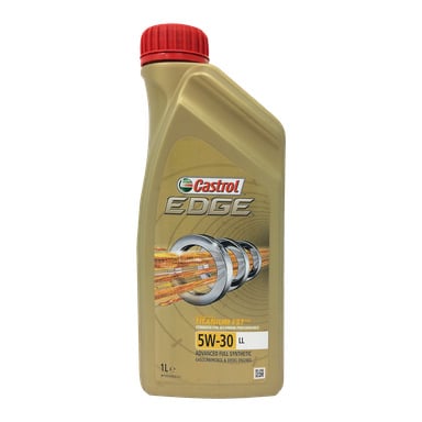Butelka oleju silnikowego Castrol EDGE 5W-30 LL o pojemności 1 litra z czerwonym nakrętką i złotym korpusem, z metalicznymi okładkami i etykietą produktu z przodu.