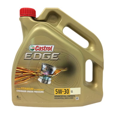 4-litrowy złoty pojemnik na olej silnikowy Castrol EDGE 5W-30 LL, w pełni syntetyczny z uchwytem i czerwoną nakrętką, z etykietą produktu z logo Castrol, specyfikacją oleju oraz ilustracją obracających się metalowych elementów.