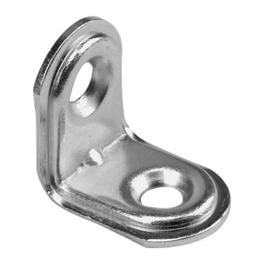 Set med 8 hårda huvudmöbelfästen: Metall L-formade fästen med en polerad, reflekterande yta, var och en med ett cirkulärt hål på båda armarna för säkra rätvinklade anslutningar eller stöd.