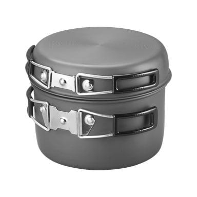 Kayoba Outdoor Cookware-setet består av fem delar, som visar två grå kastruller med svarta handtag och stadiga metalllås, prydligt staplade inuti varandra.