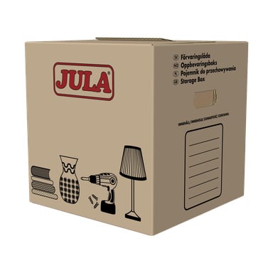Ruskea Jula-muuttolaatikko on esillä, jossa on mustia maljakkokuvakkeita, lamppuja, poraa ja rullattuja tekstiilejä. Laatikossa on punainen Jula-logo, tyhjä etikettiosio, kahvan leikkaus ylhäällä ja siihen on painettu erilaisia tekstejä.