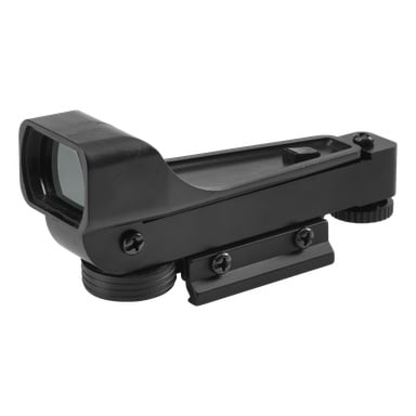 Ett svart rektangulärt Kayoba Red Dot Sight med vinklad, reflekterande lins, synliga justeringsrattar och monteringsskruvar designade för snabb montering på vapen och förbättrad siktprecision.