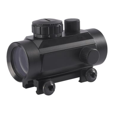 Ett Kayoba rödpunktsikte med justeringsrattar och medföljande monteringsbeslag. Siktet har en cylindrisk design och två skruvknoppar vid basen för säker montering.