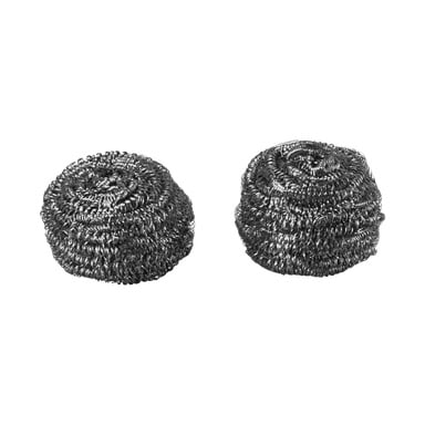 Ett Steel Wool 2-pack från Menuett visas. Skrubbarna består av tätt lindade metallsträngar som bildar en rund, tät form, avsedda att rengöra sega rester från kastruller och pannor.