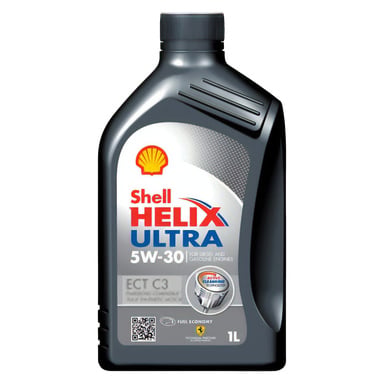 plastikowa butelka o pojemności 1 litra oleju silnikowego Shell Helix Ultra ECT C3, przeznaczona zarówno dla silników diesla, jak i benzynowych z logo Shell, szczegółowymi informacjami o produkcie oraz srebrną pieczęcią z logo Ferrari.
