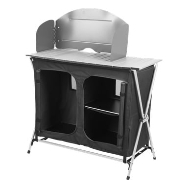 Kayoba Camping Stove 6 Pieces er et kompakt, bærbart kjøkken for camping, designet med en robust metallramme, integrert metallfrontrute, sammenleggbar benkeplate og stoffoppbevaringsenheter under, inkludert to hyller og glidelåsdører.