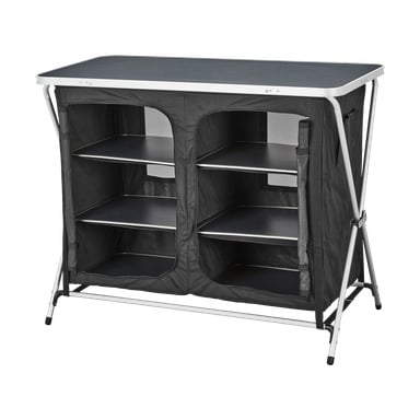 Kayoba Camping cabinet 8-delt sett har en sammenleggbar svart kropp, en robust sølvfarget metallramme, seks hyller inni, og delvis åpne glidelåsdører i stoff som viser romslig oppbevaring innvendig.
