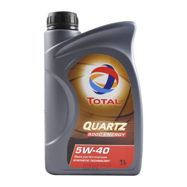 Pojemnik 1-litrowy Total Engine Oil QUARTZ 9000 ENERGY z czarną pokrywką. Etykieta przedstawia logo Total, nazwę produktu, specyfikację lepkości (5W-40) oraz podkreśla zaawansowaną technologię syntetyczną dla optymalnej wydajności.