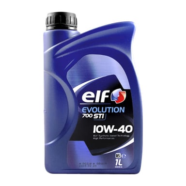 Niebieska plastikowa butelka ELF Engine Oil Evolution 700 STI o pojemności 1 litra z czarną kapsułką i szczegółową etykietą produktu.