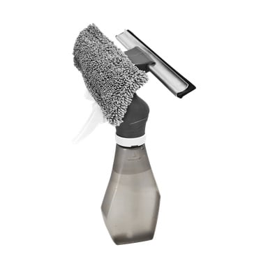 Menuett Window Cleaner 3-w-1 zawiera butelkę ze spryskiwaczem zawierającą płyn czyszczący, podkładkę mikrofibrową oraz zintegrowaną ściągaczkę, wszystko zaprojektowane z myślą o efektywnym myciu okien.