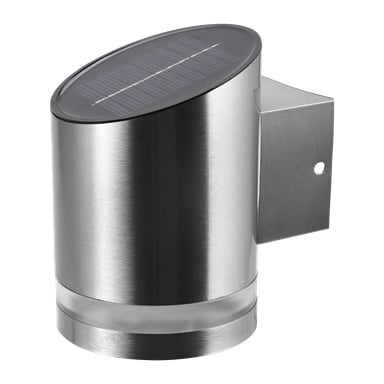 Anslut vägglampa LED är en cylindrisk utomhuslampa av rostfritt stål, designad med en solpanel på toppen och ett monteringsfäste på sidan som inkluderar ett skruvhål.