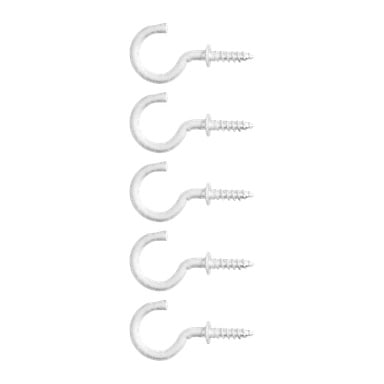 Fem identiska hårda skruvkrokar från ett 5-pack är arrangerade i en vertikal linje, var och en med en böjd krok på ena sidan och en gängad skruv på den andra.