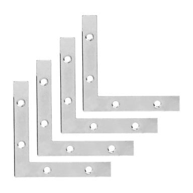 Fyra silverfärgade L-formade metallhörnkonsoler, var och en med fyra skruvhål, är arrangerade i en förskjuten formation. Paketet innehåller fyra parenteser.