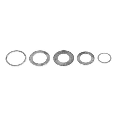 Fem Meec Tools Spacer-ringer, 5 deler, er arrangert i en rekke fra størst til venstre til minste til høyre.