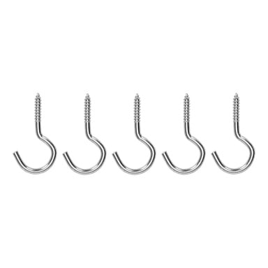 Fem identiska Hard Head Screw-krokar från en 5-pack är uppradade horisontellt. Varje krok har en gängad ände för installation och en böjd form för att hänga upp föremål.
