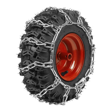 opona terenowa Meec Tools z głębokim bieżnikiem jest przymocowana do czerwonej felgi i wyposażona w parę łańcuchów Meec Tools Snow. Solidne metalowe łańcuchy są mocno zamocowane wokół opony, co poprawia przyczepność.