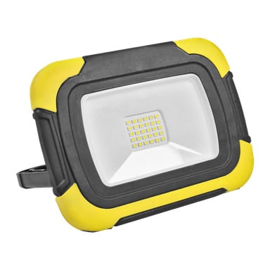 Anslut Rechargeable arbetslampa är en rektangulär LED-enhet med en robust svart och gul gummibelagd ram, ett rutnät av små LED-lampor i mitten och ett integrerat vikbart stativ för stabilitet.