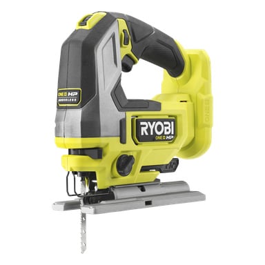 En gul och svart Ryobi One+ HP Jigsaw RJS18X-0 med synligt blad visas ur ett trekvartsperspektiv.