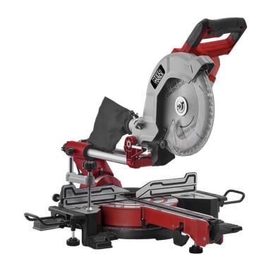 Punaharmaa Meec Tools -jiirisaha, jossa on pyöreä terä, pölynkeräyspussi ja turvasuoja, jossa lukee T.C.T SAW BLADE 254x30x2.8x48T ja MAX. SPEED 7000P.