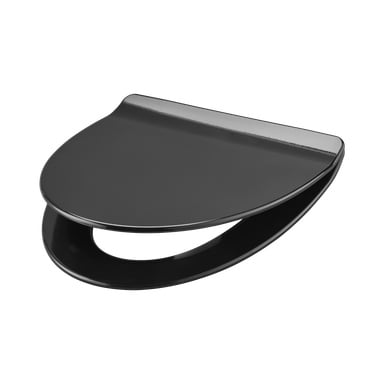 Ett stängt svart Curaqua toalettsits och lock med oval design och en glänsande, slank finish.