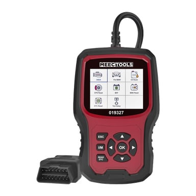 En handhållen Meec Tools Fault Code Reader OBD-II, i svart och rött, är utrustad med en färgdisplay som visar menyval, flera navigationsknappar under skärmen och en ansluten OBD-II-kabel.