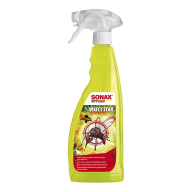 En gul Sonax Insektborttagningssprayflaska med utlösarmunstycke visar en fluga i sikte, designad för att ta bort insekter.