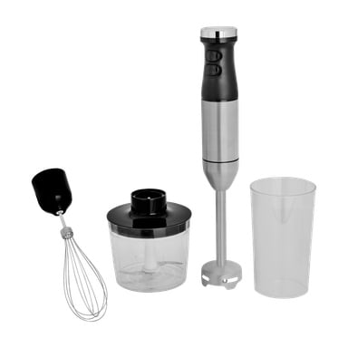 Menuett-Mixer-Set mit einem Schneebesaufsatz, einer Küchenschale mit Klinge, einem Handmixer und einem hohen Messbecher.