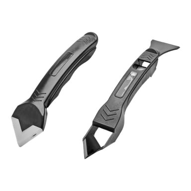 To svarte plastverktøy fra Hard Head Silicone skrapesettet, hver med distinkte ender. Det ene verktøyet har en hvit flat kant, og det andre er designet med en spiss spiss som har et mellomrom i midten. De er plassert ved siden av hverandre.
