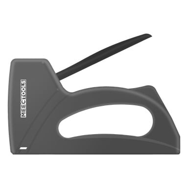 Czarno-szary zszywacz Meec Tools z zakrzywioną rękojeścią i górną dźwignią, z logo marki na boku.