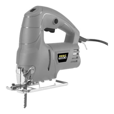 Eine graue Meec Tools-Stichsäge mit schwarzem Griff, einem Stromkabel und einer Metallklinge vorne. Das Logo lautet Meec Tools.