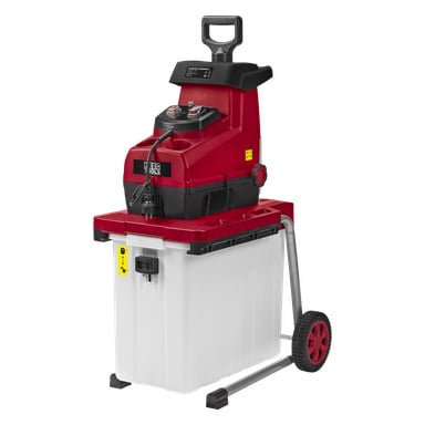 Meec Tools Compost Shredder har en röd och svart elektrisk kaross med handtag, kontrollpanel, hjul och en stor vit insamlingslåda längst ner. Den står på en stadig metallram för stabilitet och enkel rörelse.